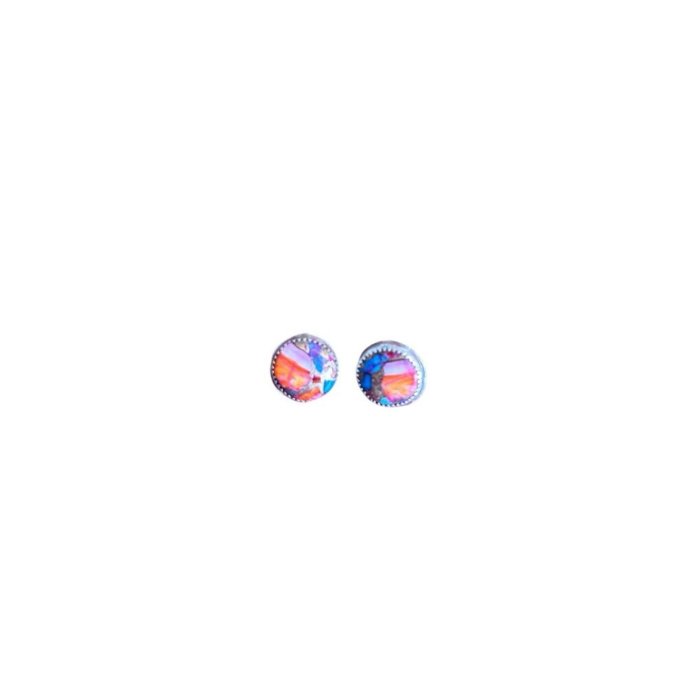 Pink Orange And Blue Mohave Turquoise Sterling Round Stud Earrings Hand Crafted